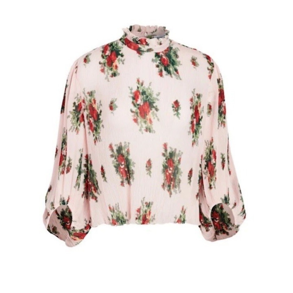 Ganni Pleated Georgette Pink Floral Blouse Women's Balloon Sleeves